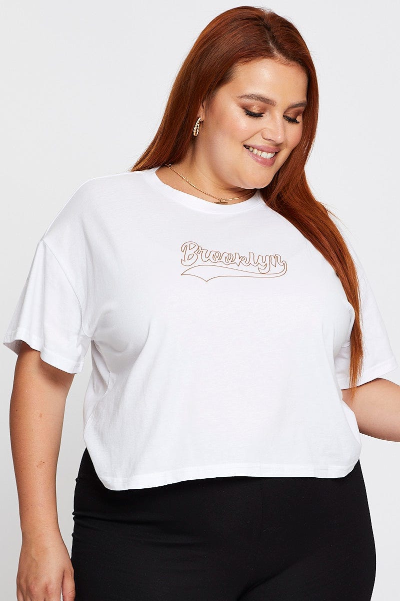 White Short Sleeve Brooklyn Semi Crop T-shirt - Image 3