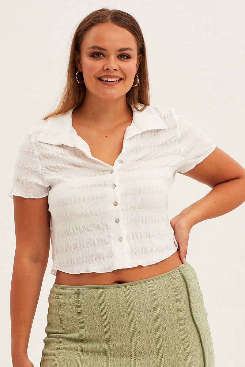 White Short Sleeve Button Top - Image 3