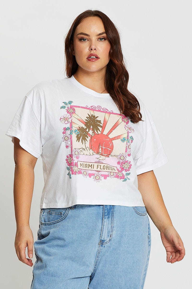 White Short Sleeve Miami White Semi Crop T-shirt