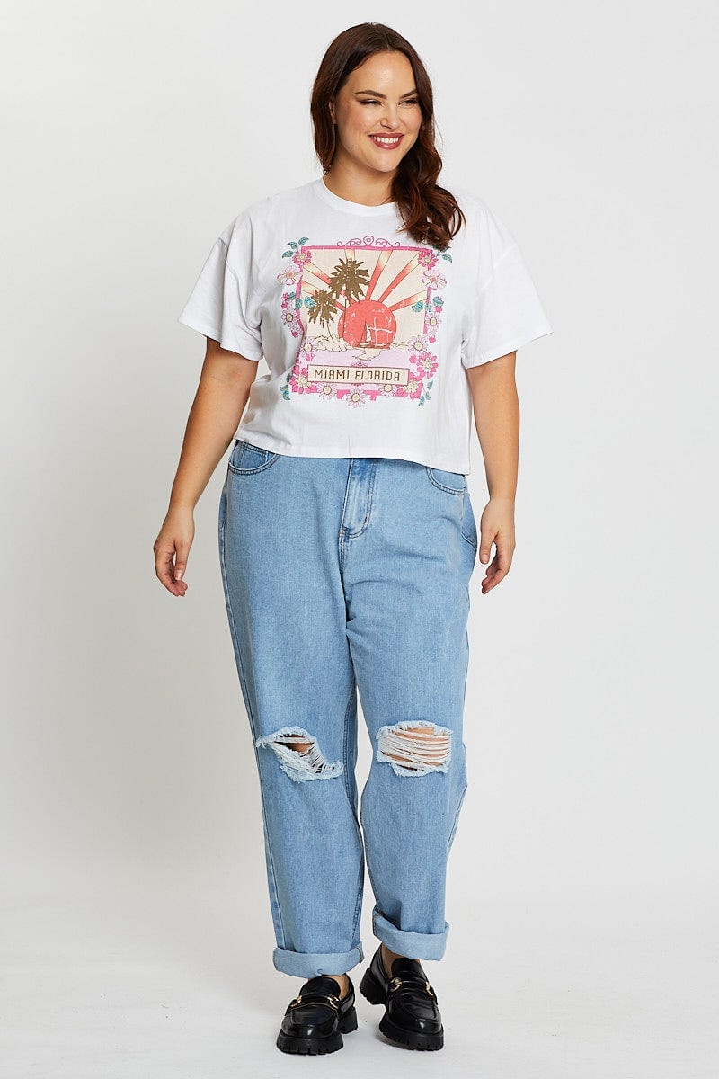White Short Sleeve Miami White Semi Crop T-shirt - Image 2