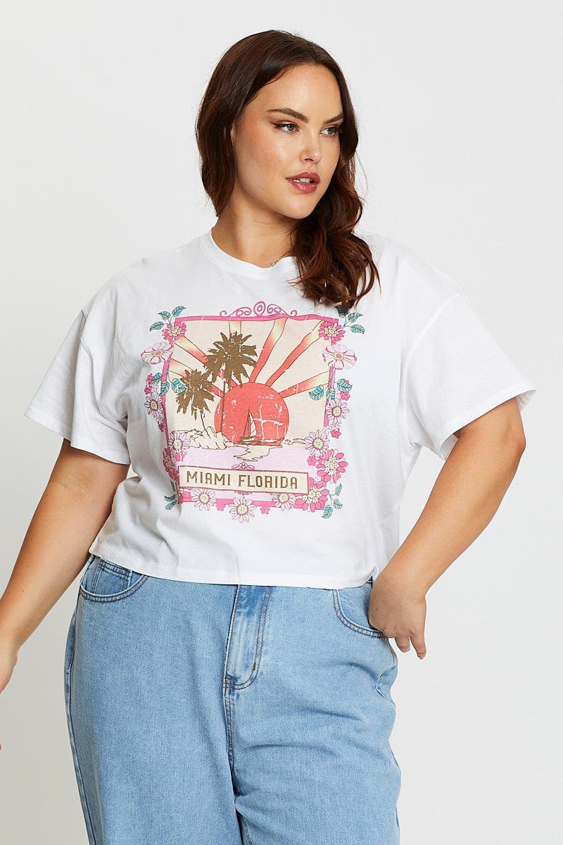 White Short Sleeve Miami White Semi Crop T-shirt - Image 3