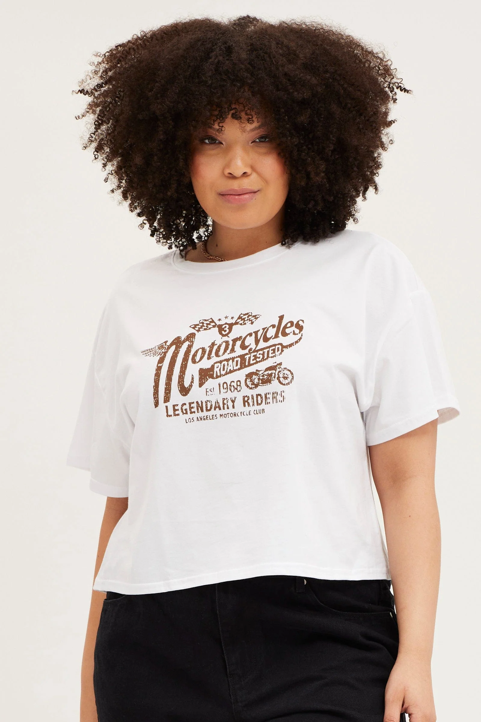 White Short Sleeve Motorcycle Semi Crop Printed T-shirt