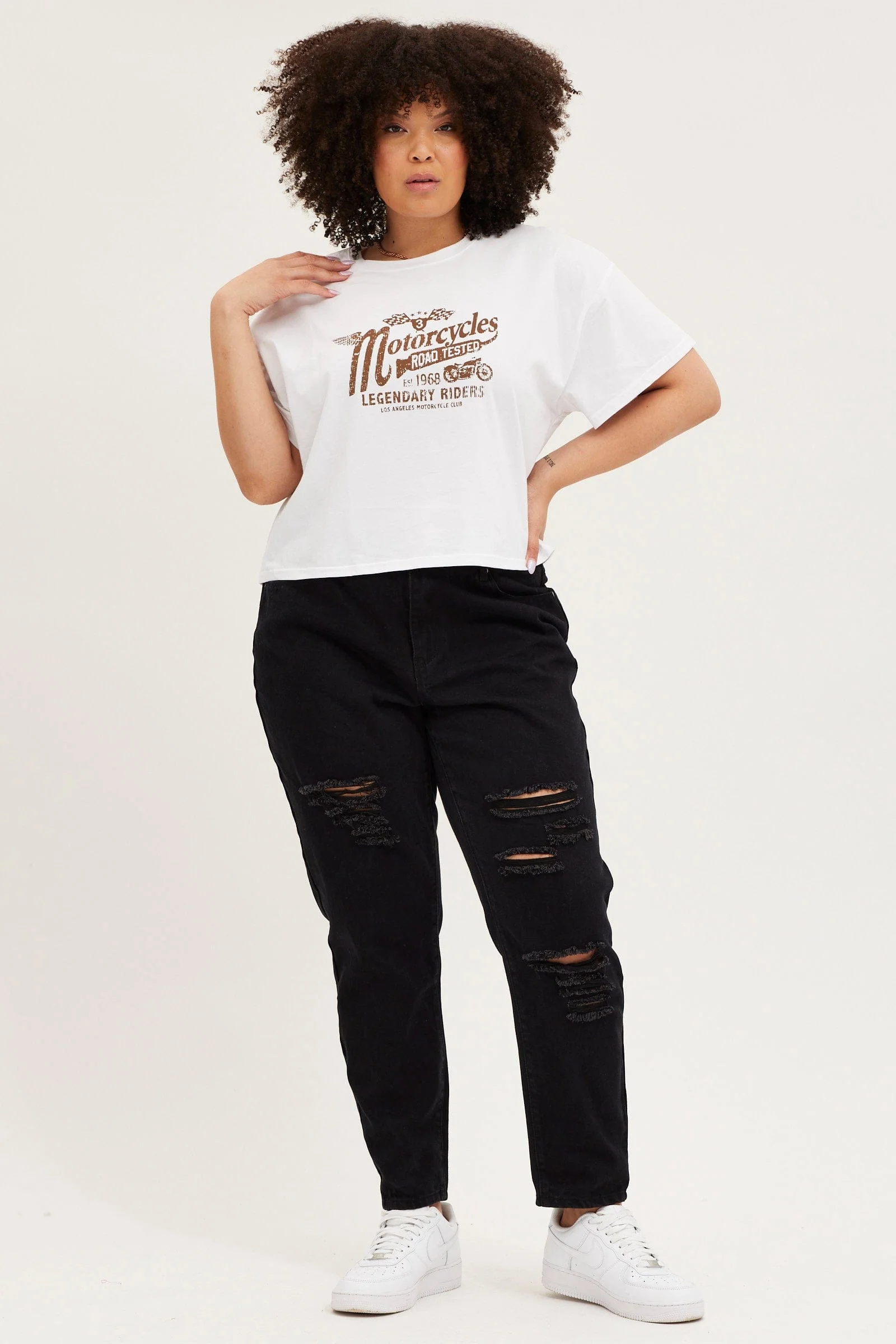 White Short Sleeve Motorcycle Semi Crop Printed T-shirt - Image 2