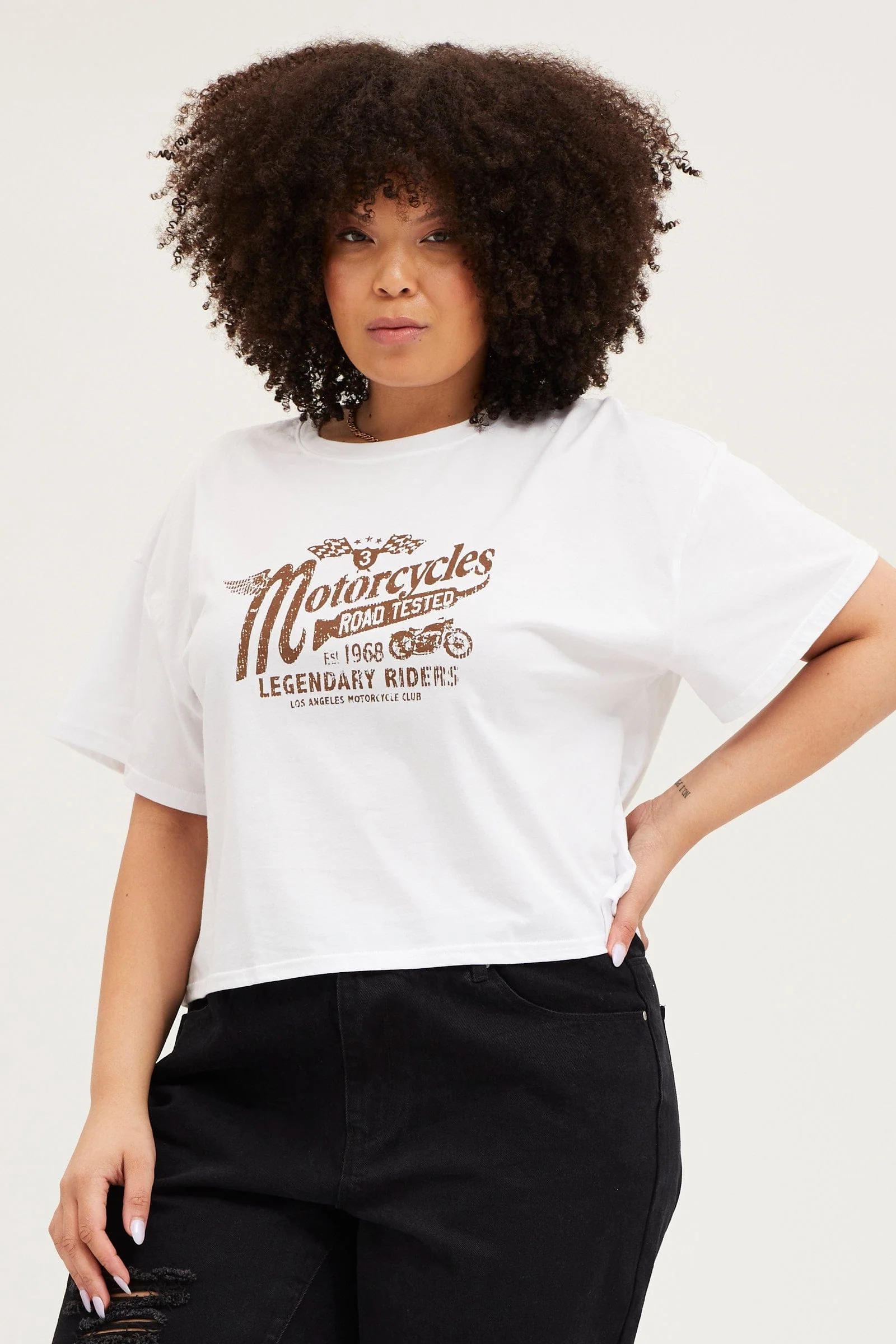 White Short Sleeve Motorcycle Semi Crop Printed T-shirt - Image 3