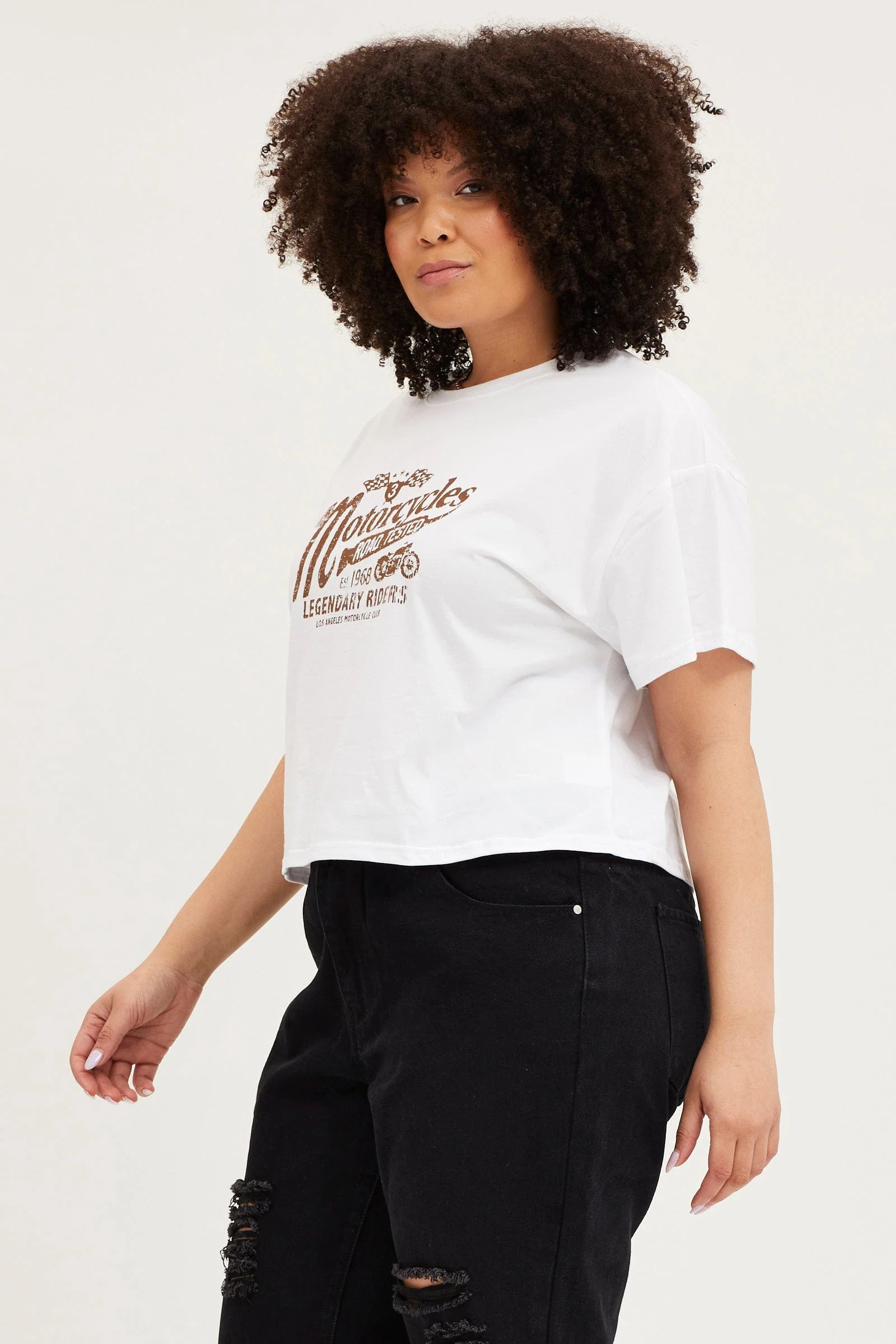 White Short Sleeve Motorcycle Semi Crop Printed T-shirt - Image 4