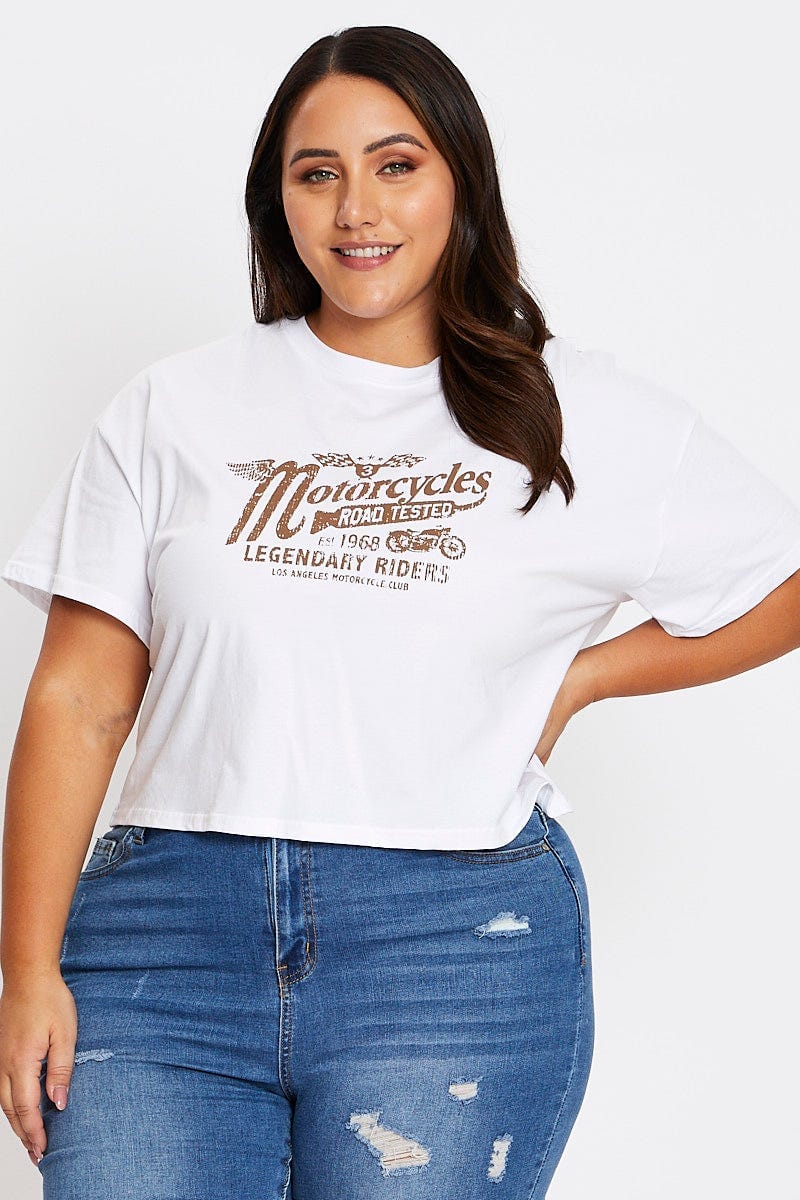 White Short Sleeve Motorcycle Semi Crop Printed T-shirt - Image 3
