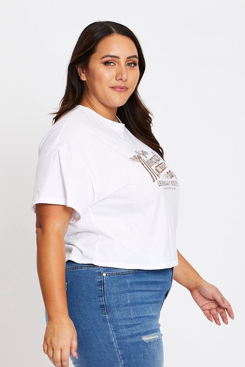 White Short Sleeve Motorcycle Semi Crop Printed T-shirt - Image 4