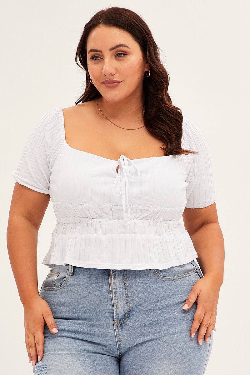 White Short Sleeve Rib Jersey Peplum Top - Image 3