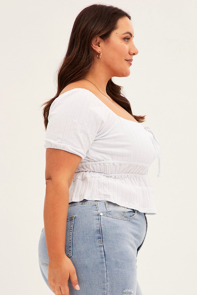 White Short Sleeve Rib Jersey Peplum Top - Image 4