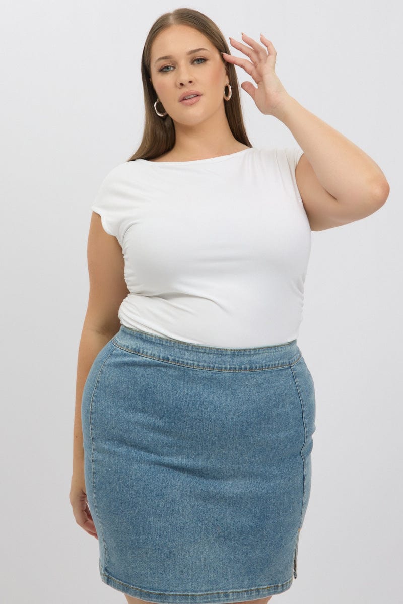 White Short Sleeve Top Side Ruched Modal - Image 3