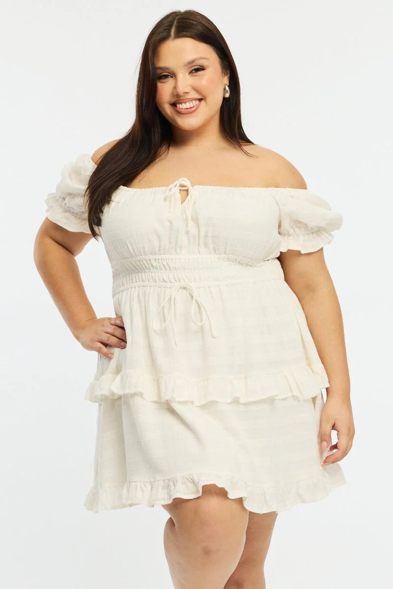 White Skater Dress Short Sleeve Textured - Image 2