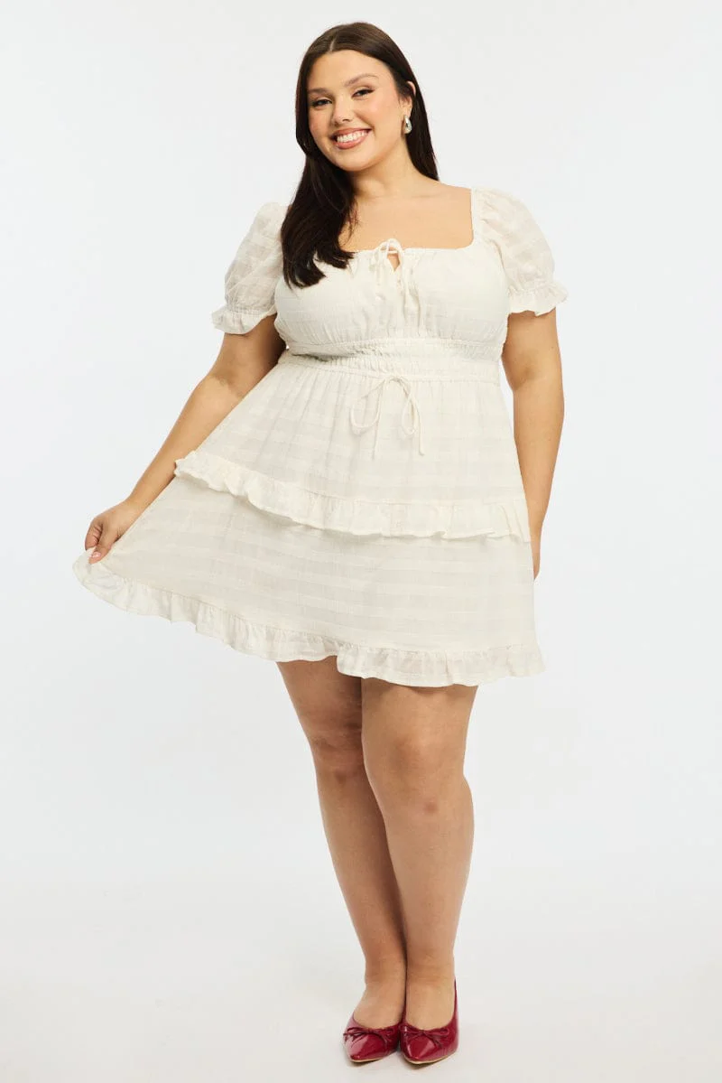 White Skater Dress Short Sleeve Textured - Image 3
