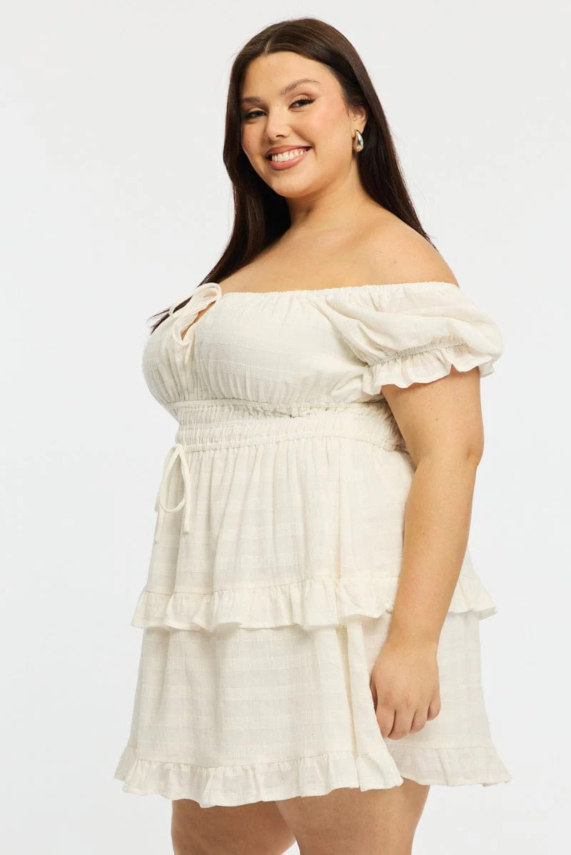 White Skater Dress Short Sleeve Textured - Image 4