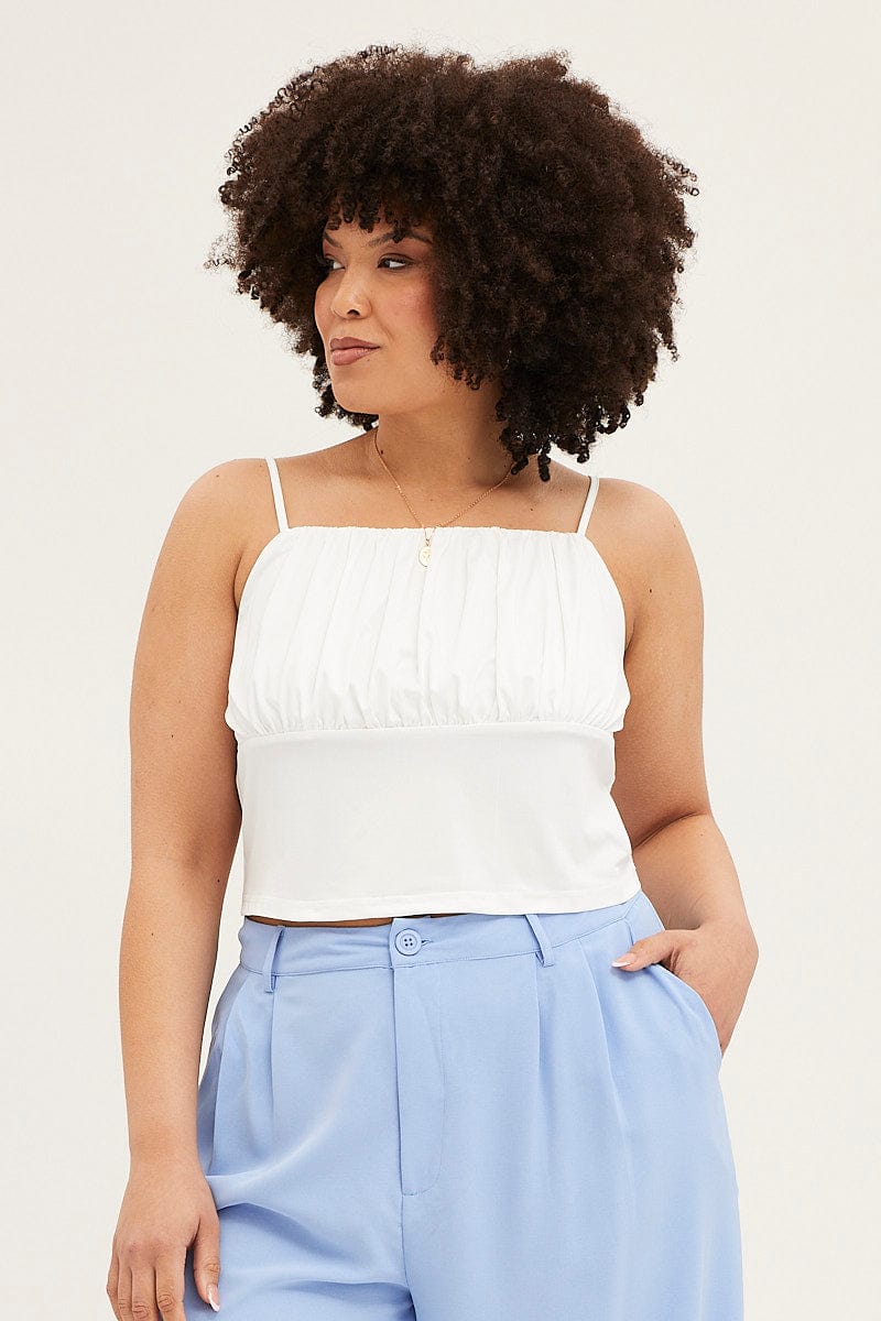 White Sleeveless Black Gather Bust Detail Singlet Top