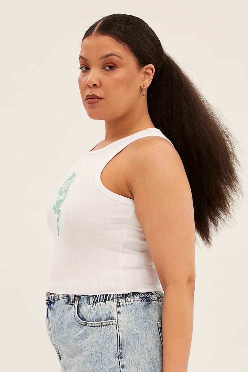 White Sleeveless Rib Tank Top With Dragon Embroidery - Image 4