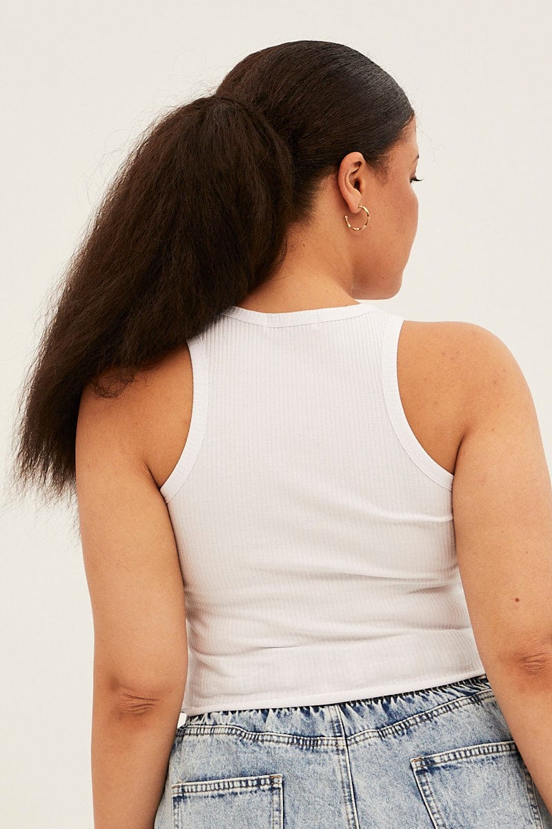 White Sleeveless Rib Tank Top With Dragon Embroidery - Image 5
