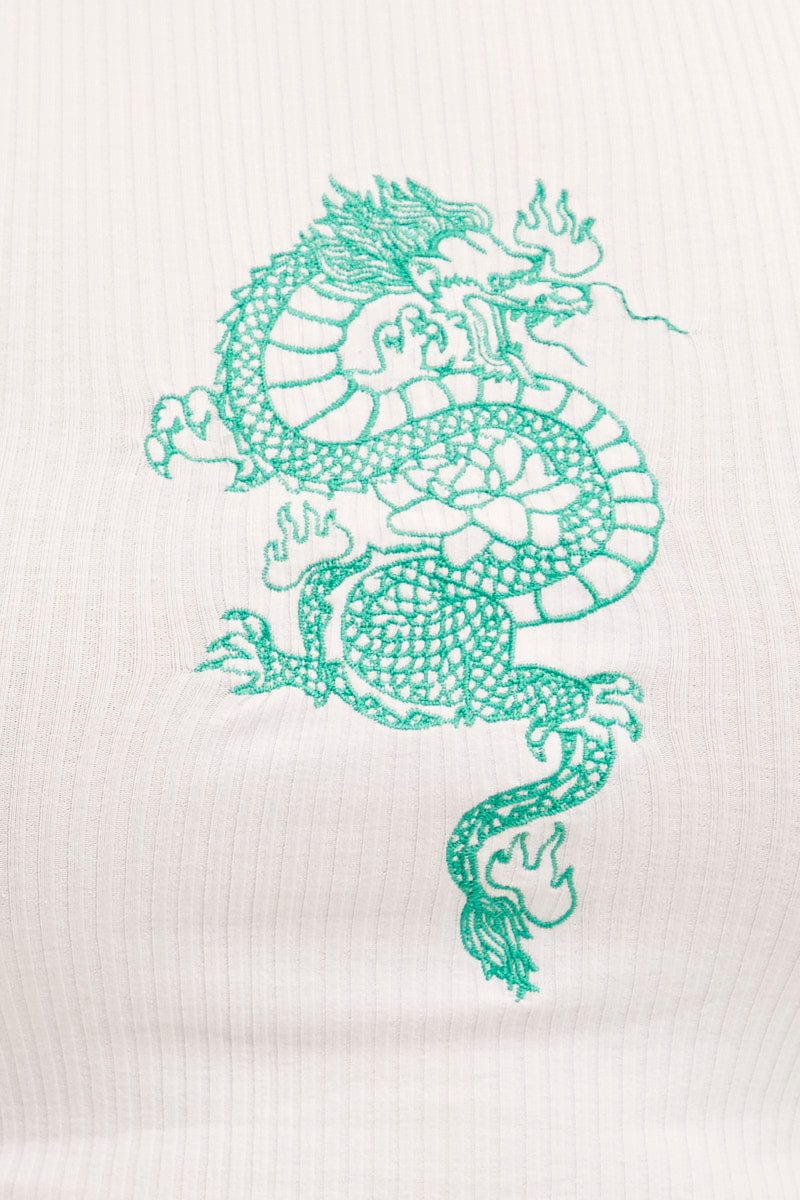 White Sleeveless Rib Tank Top With Dragon Embroidery - Image 6
