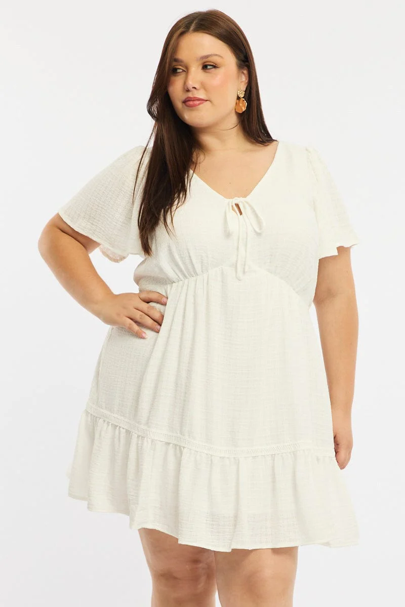 White Smock Dress Short Sleeve Textured