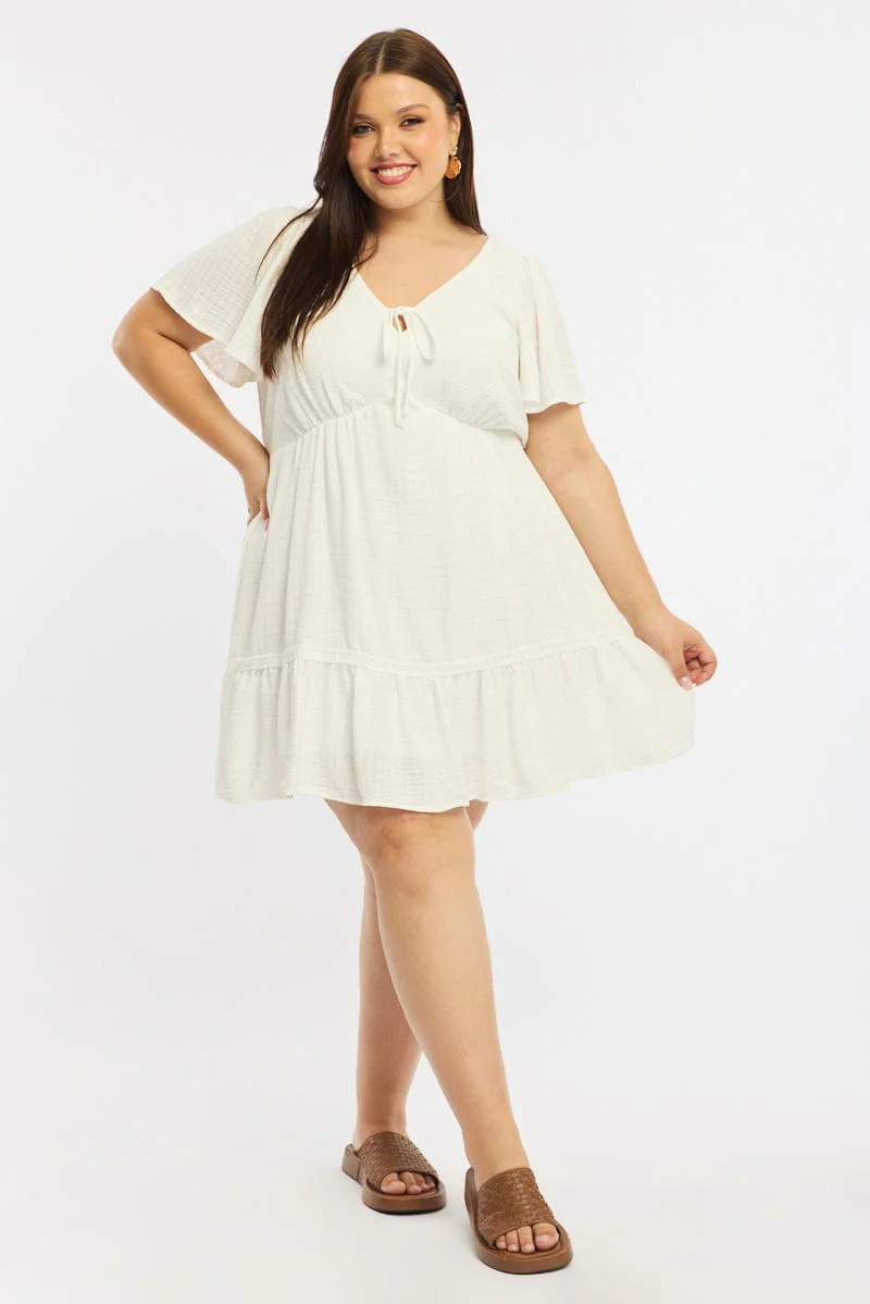 White Smock Dress Short Sleeve Textured - Image 2