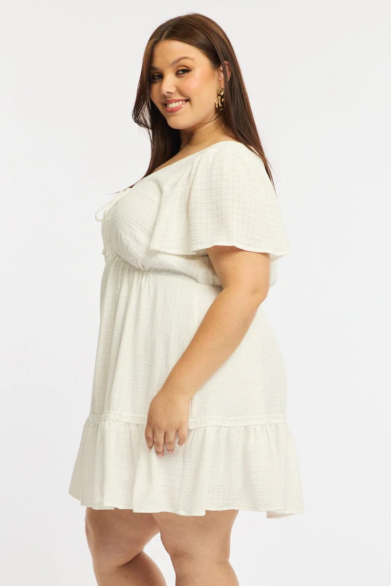 White Smock Dress Short Sleeve Textured - Image 3