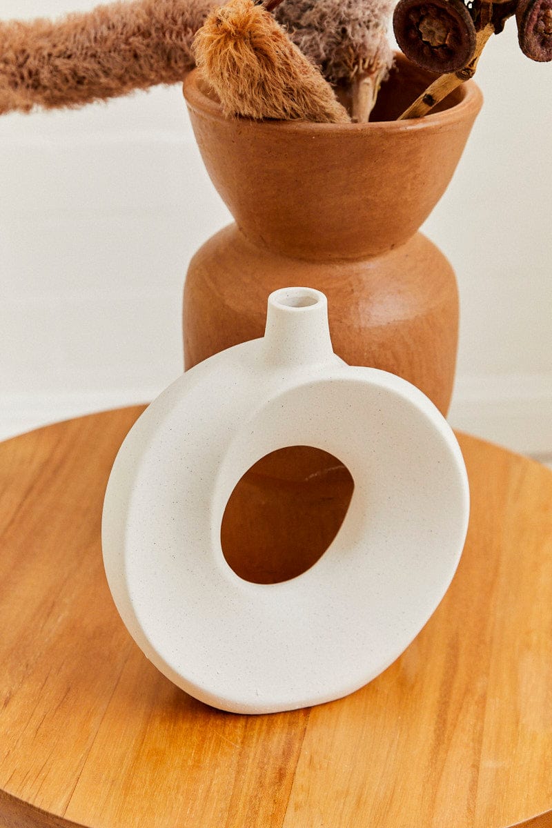 White Stoneware Round Sculpture Vase - Image 2