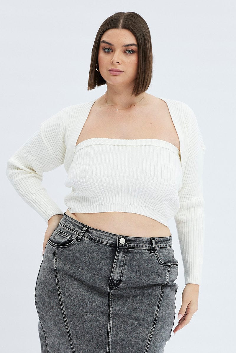 White Strapless Top And Shrug Knit Set - Image 3