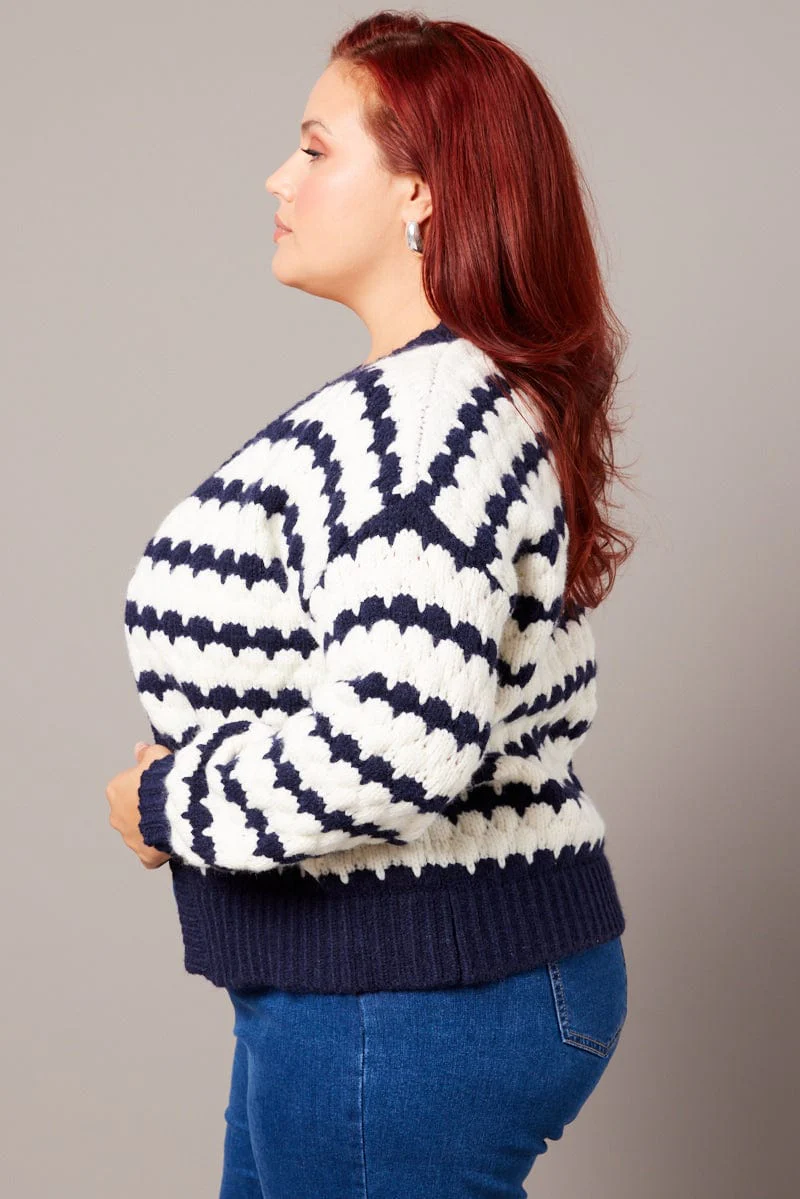 White Stripe Knit Cardigan Long Sleeve Textured - Image 4