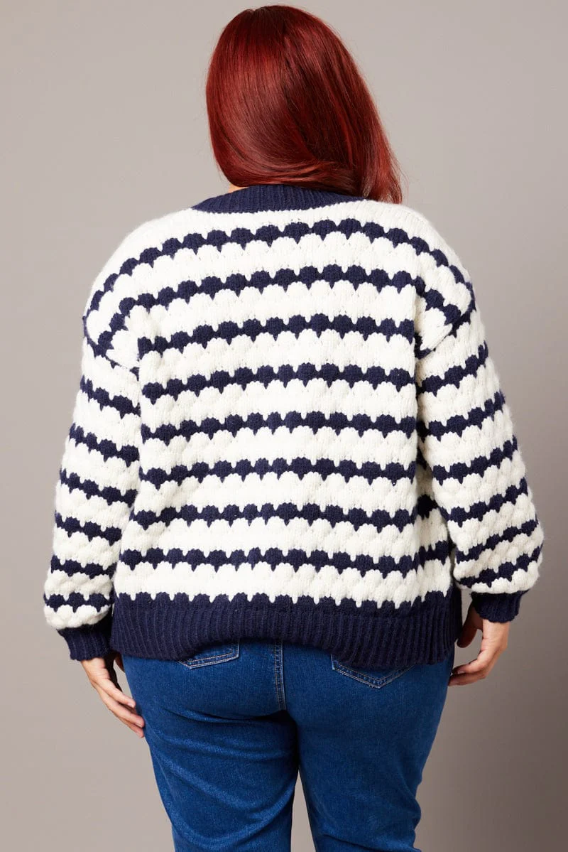White Stripe Knit Cardigan Long Sleeve Textured - Image 5