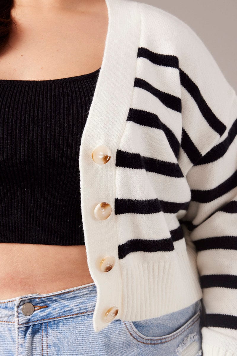 White Stripe Knit Cardigan Long Sleeve V-neck Oversized Fit - Image 6