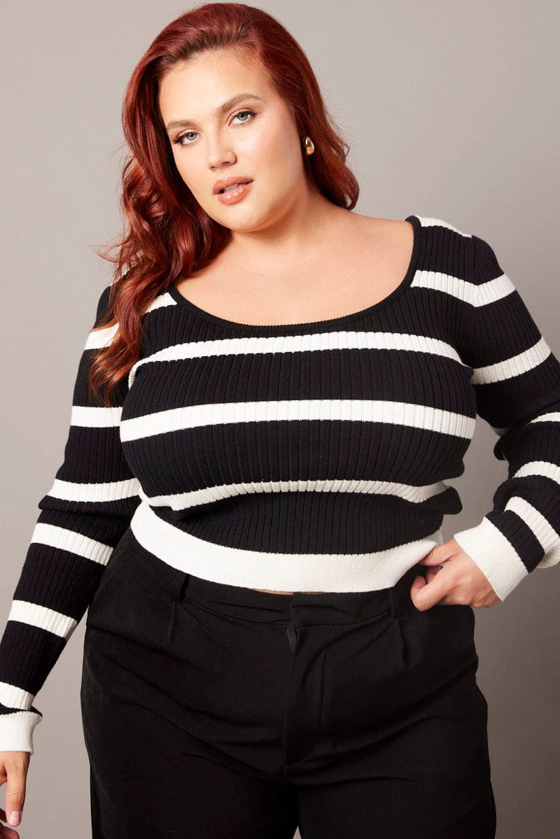 White Stripe Knit Top Long Sleeve Scoop Neck - Image 3