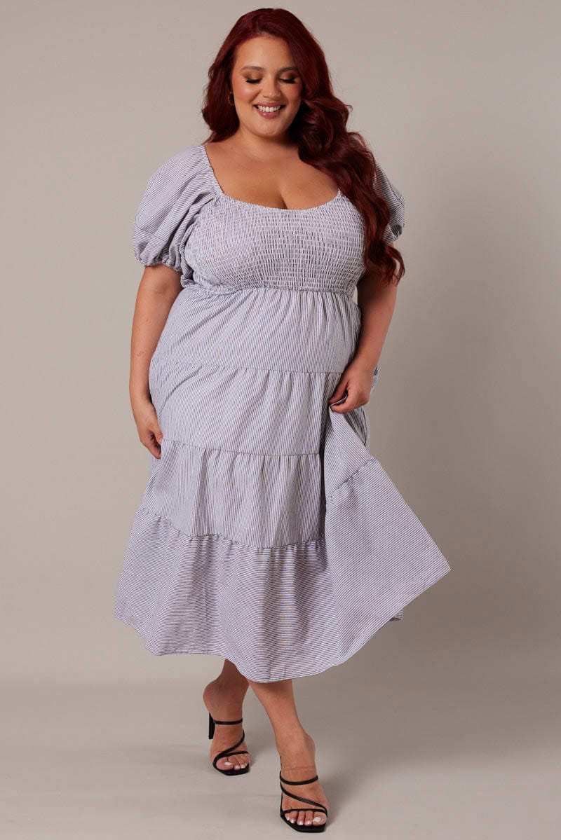 White Stripe Midi Dress Short Sleeve Tiered