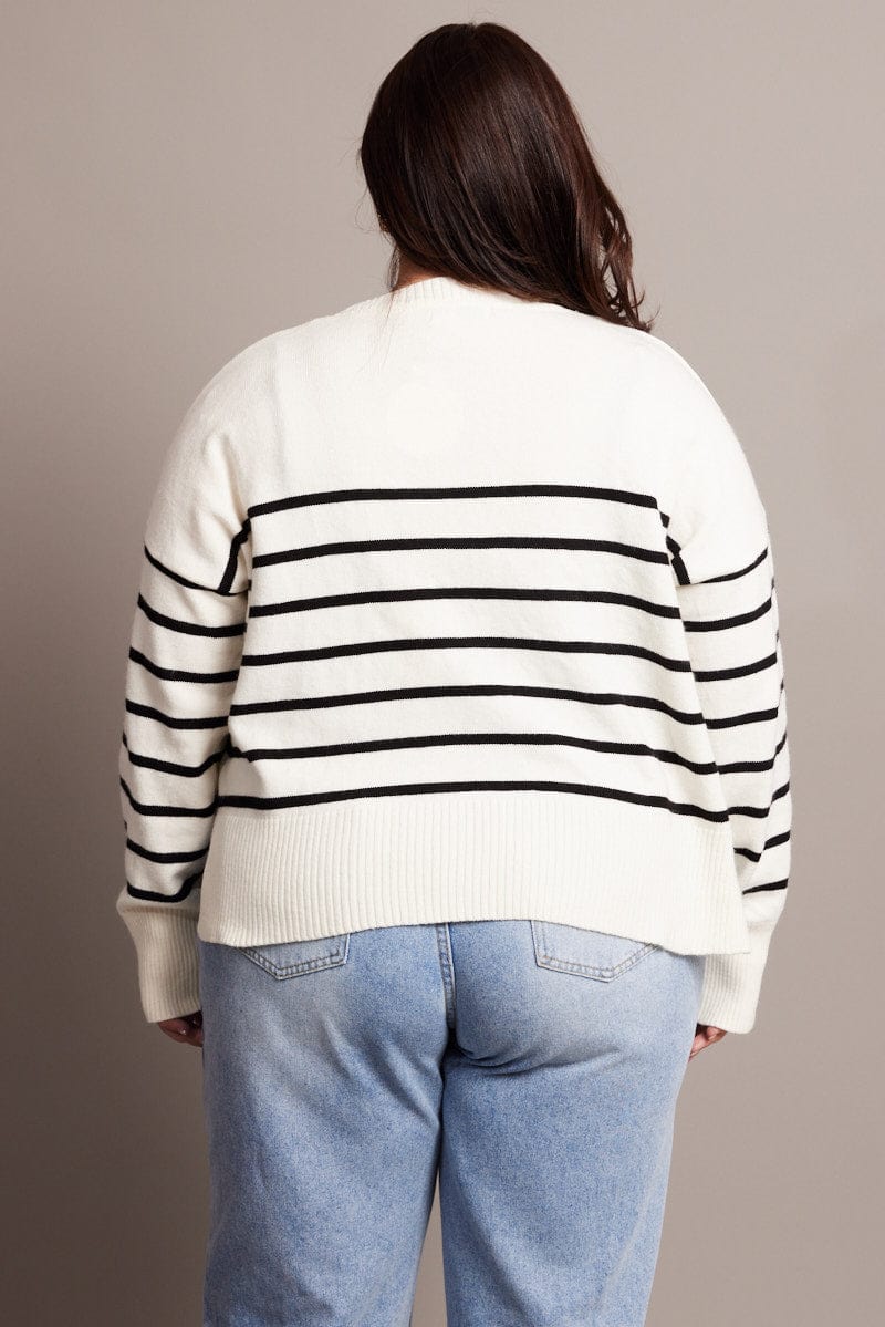 White Stripe Oversized Cardigan Long Sleeve V-neck Stripe - Image 5