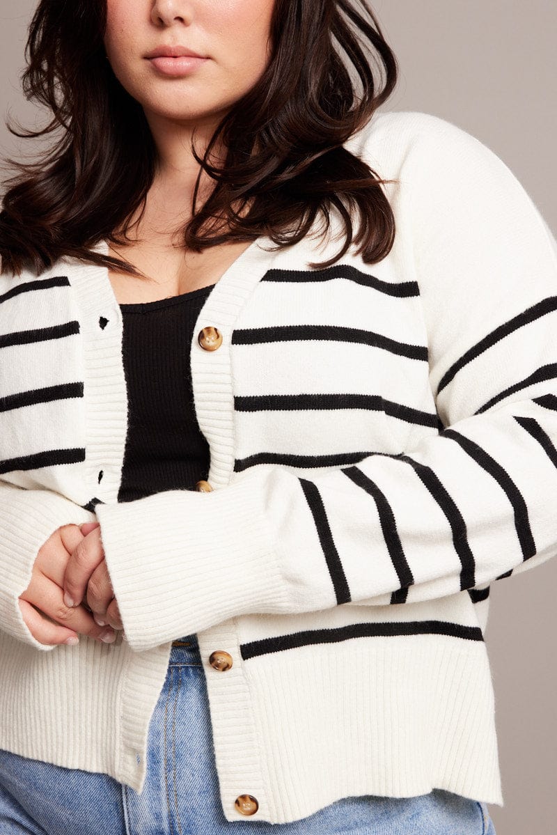 White Stripe Oversized Cardigan Long Sleeve V-neck Stripe - Image 6