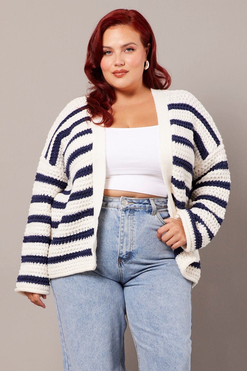 White Stripe Oversized Knit Cardigan Long Sleeve Longline