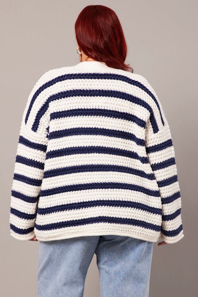 White Stripe Oversized Knit Cardigan Long Sleeve Longline - Image 5