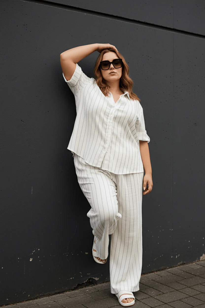 White Stripe Relaxed Shirt Short Sleeve Textured