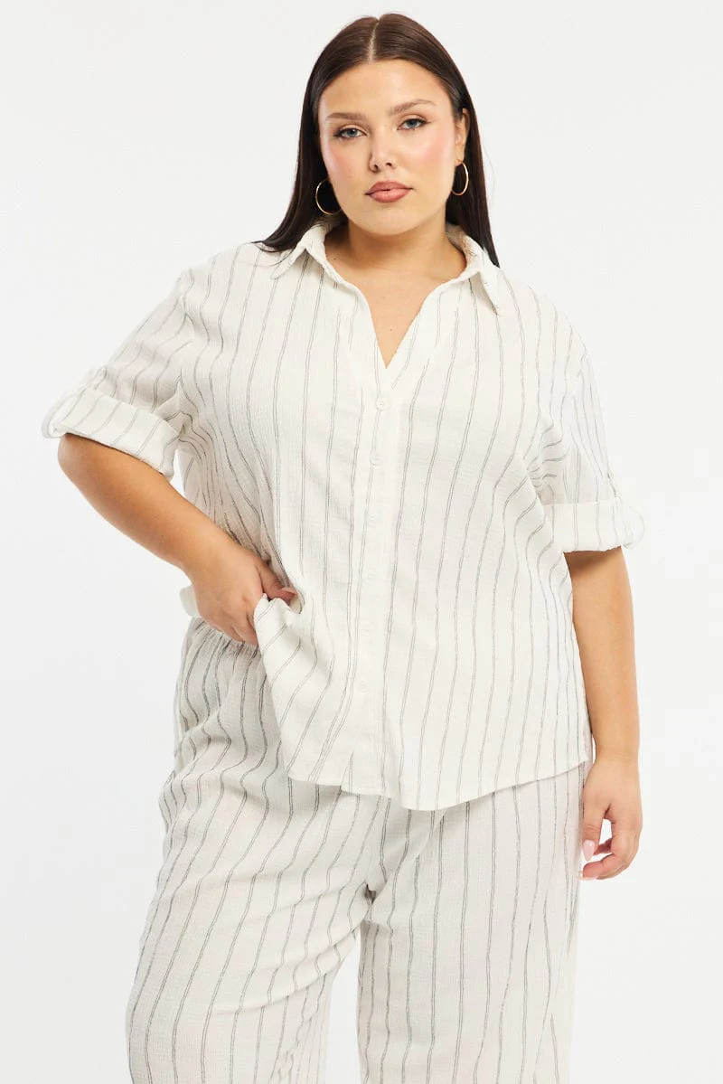 White Stripe Relaxed Shirt Short Sleeve Textured - Image 2