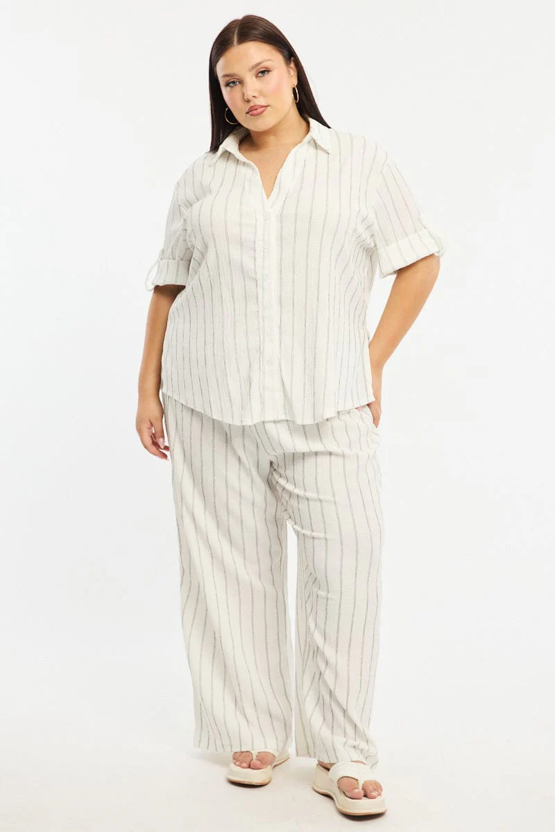 White Stripe Relaxed Shirt Short Sleeve Textured - Image 3