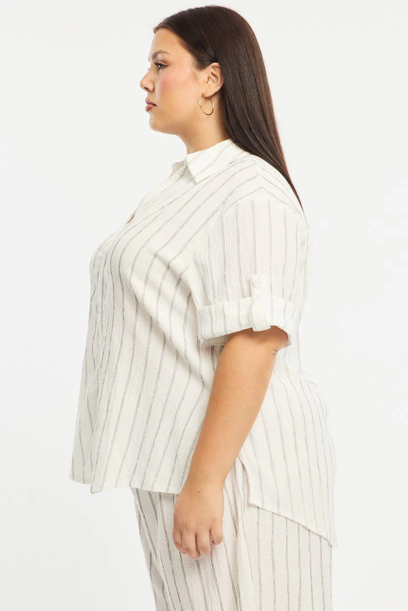 White Stripe Relaxed Shirt Short Sleeve Textured - Image 4
