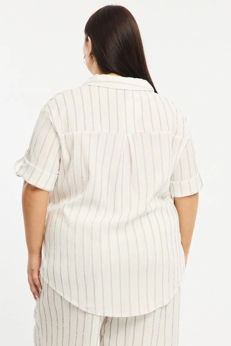White Stripe Relaxed Shirt Short Sleeve Textured - Image 5