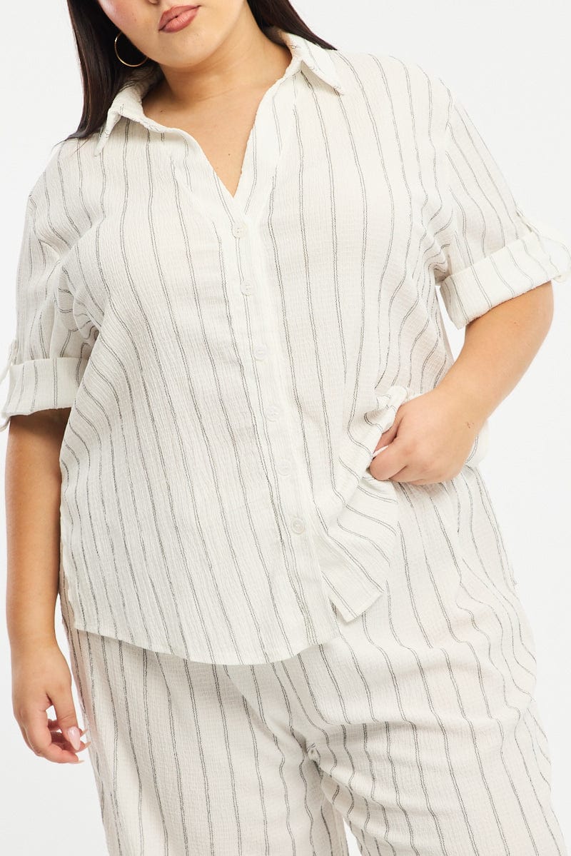 White Stripe Relaxed Shirt Short Sleeve Textured - Image 6