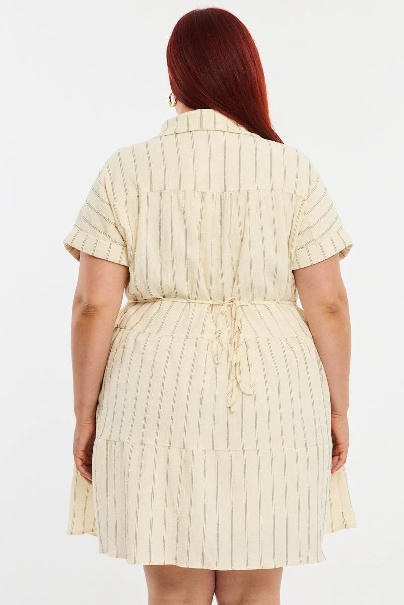 White Stripe Shirt Dress Short Sleeve Textured - Image 4