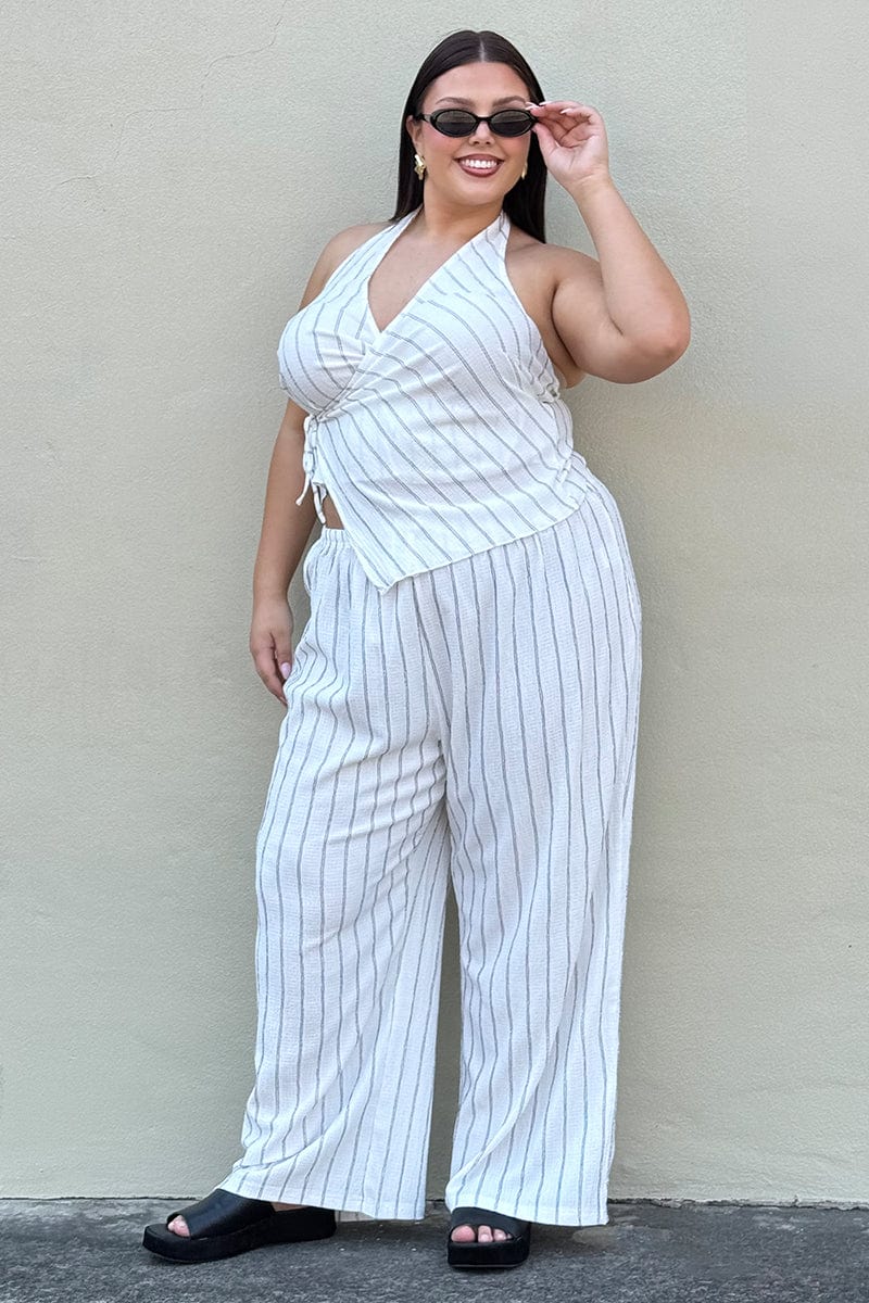 White Stripe Wide Leg Pants Elastic Waist