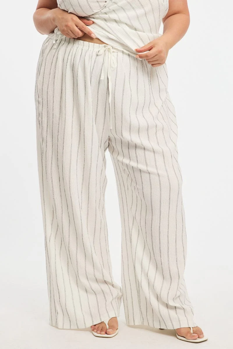 White Stripe Wide Leg Pants Elastic Waist - Image 2