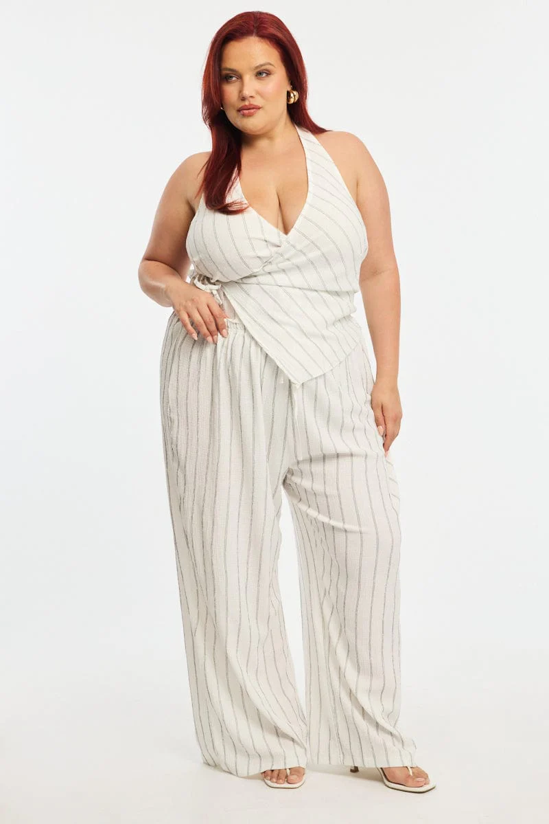 White Stripe Wide Leg Pants Elastic Waist - Image 3