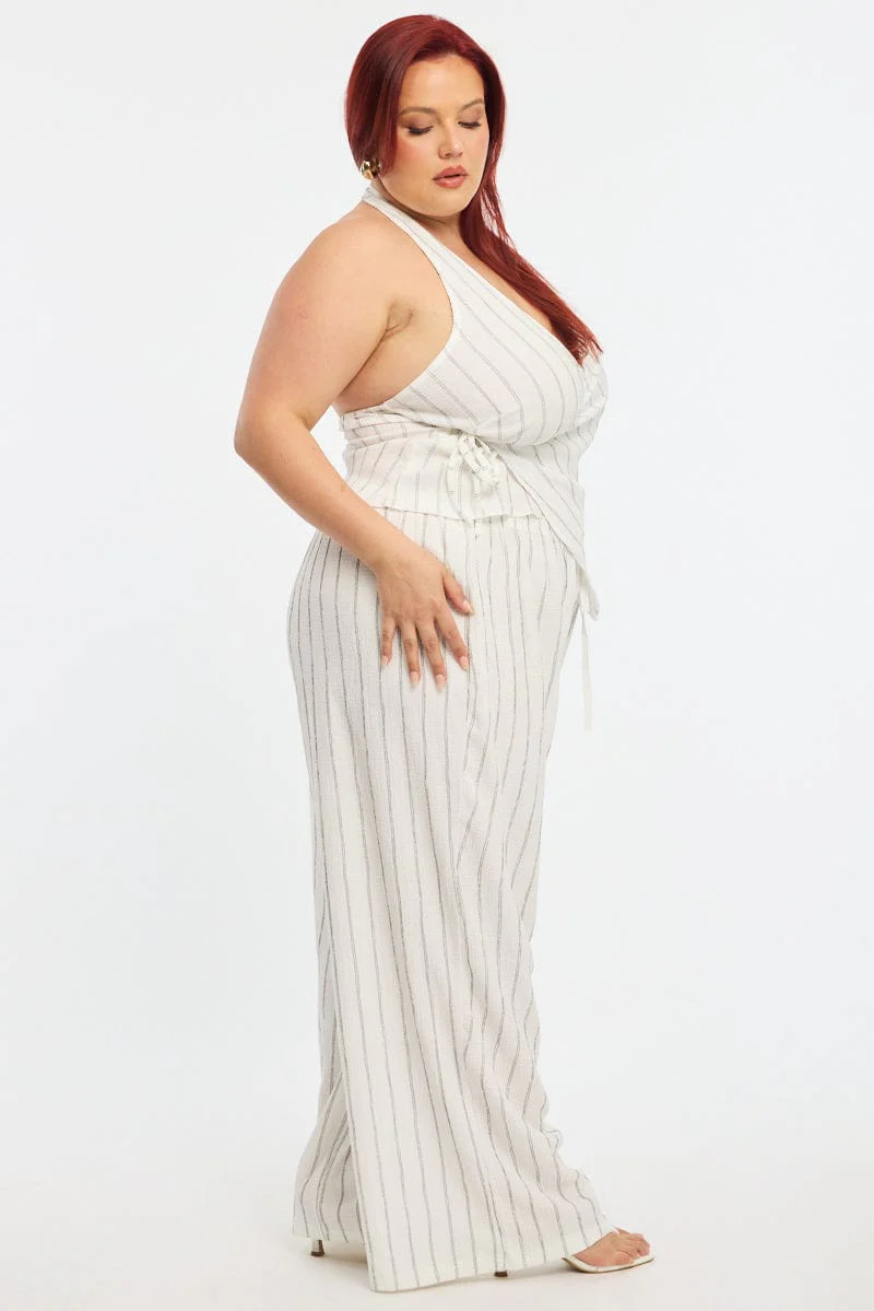 White Stripe Wide Leg Pants Elastic Waist - Image 4