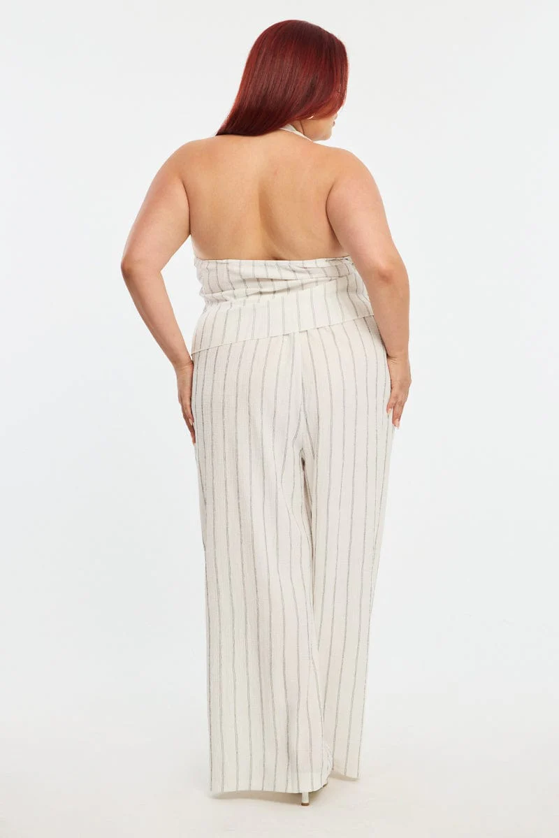 White Stripe Wide Leg Pants Elastic Waist - Image 5