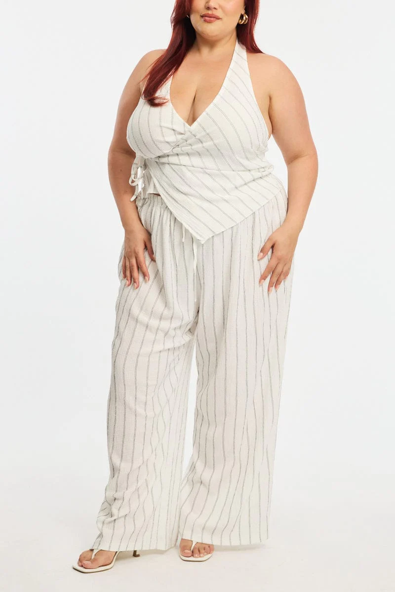 White Stripe Wide Leg Pants Elastic Waist - Image 6