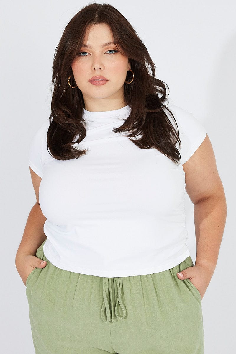 White Supersoft Top Short Sleeve Crew Neck Side Ruched - Image 3