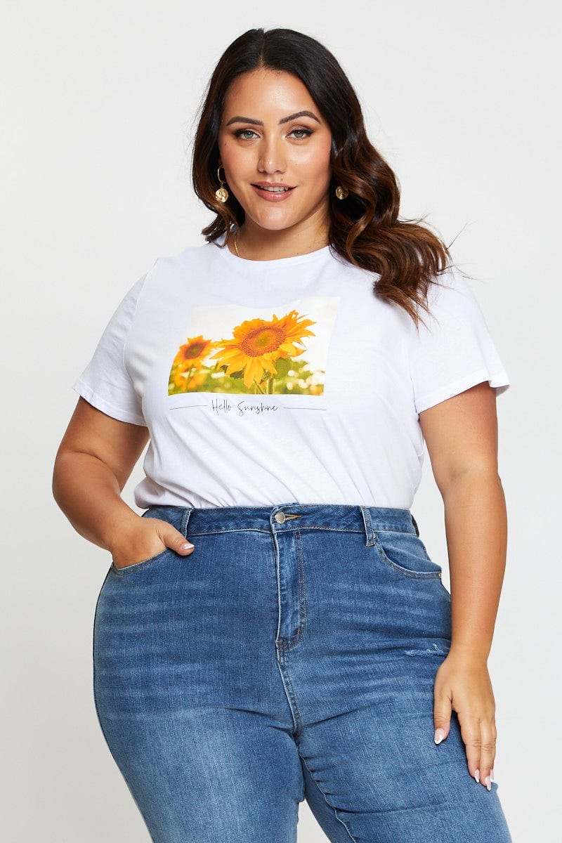 White T-shirt Sunflower Crew Neck Short Sleeve Cotton